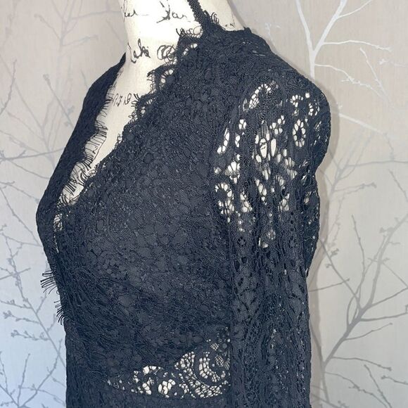 ASOS Petite Black Lace V Neck Long‎ Sleeve Midi Sheath Dress - Picture 5 of 8